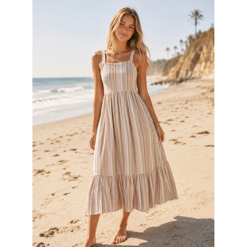 O'Neill Spaghetti Strap Maxi Gauze Dress Women's Large Ivory stripe Ruffled